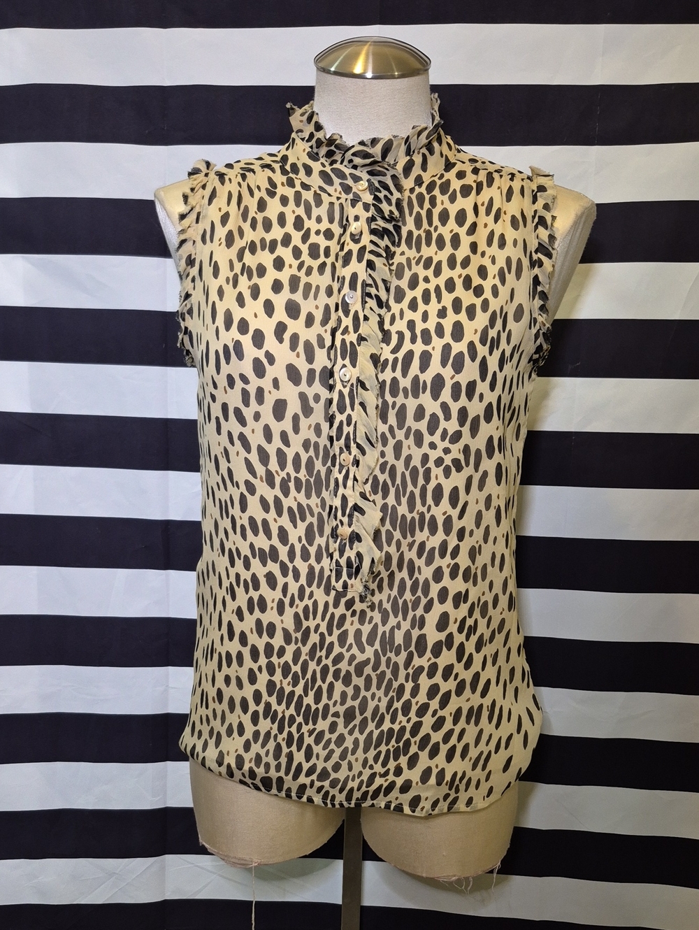 J Crew Silk Sleeveless Ruffle Neck Animal Print Top - Beige/Black